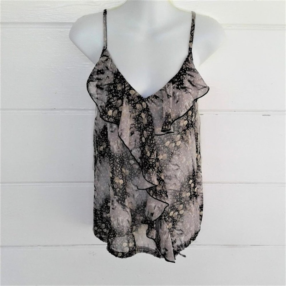 Misope Women's Gray Floral Top Ruffle Front Semi Sheer Size Small